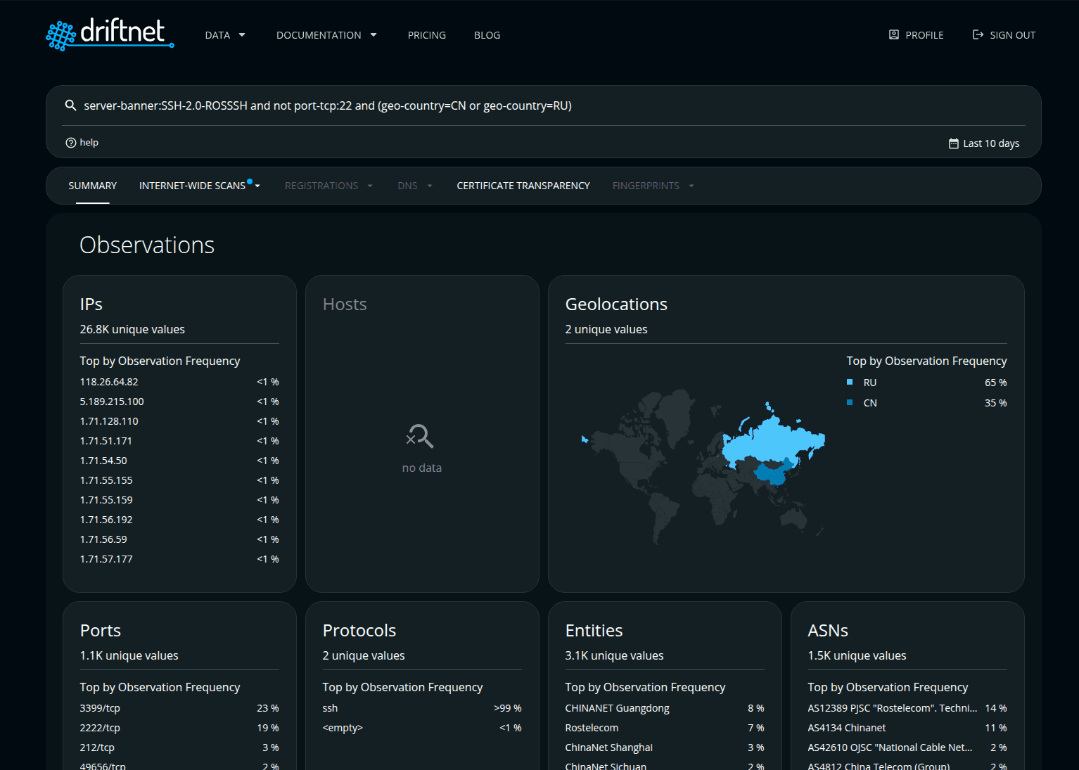driftnet user interface showing query showcasing logical operators